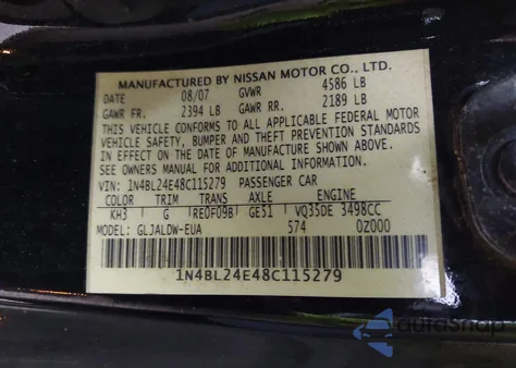 2008 Nissan Altima 3.5 Se from USA, damaged, VIN 1N4BL24E48C115279